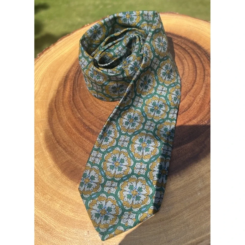 Vintage Stark Bros Since 1922 Tie Green Gold Four Leaf Clover Geometric 55